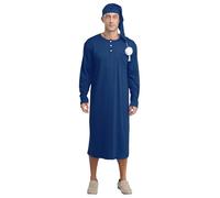 FEESHOW Herren Nachthemd Mit Schlafmütze Set Langarm Gestreifte Nachthemd Mit Brusttasche Und Knopfleiste Männer Lange Nachtwäsche Blau_C L