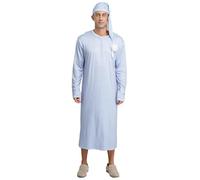 FEESHOW Herren Nachthemd Mit Schlafmütze Set Langarm Gestreifte Nachthemd Mit Brusttasche Und Knopfleiste Männer Lange Nachtwäsche Hellbau-Feinst-Streifen M