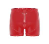 FEESHOW Herren Wetlook Boxershorts Slip Ouvert mit Reißverschluss Stretch Leder Latex Hose Shorts Unterwäsche Rubber Pants Clubwear Rot L 3XL