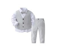 FEESHOW Jungen Anzüge Gentleman Fliege Langarm Hemd Anzugsweste Und Hose 3tlg Schicker Kleinkind Babykleidung Set Für Taufe Geburtstag Party Grau 122-128