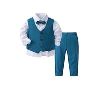 FEESHOW Jungen Anzüge Gentleman Fliege Langarm Hemd Anzugsweste Und Hose 3tlg Schicker Kleinkind Babykleidung Set Für Taufe Geburtstag Party Blau 98-104