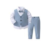 FEESHOW Jungen Anzüge Gentleman Fliege Langarm Hemd Anzugsweste Und Hose 3tlg Schicker Kleinkind Babykleidung Set Für Taufe Geburtstag Party Hellblau 92-98