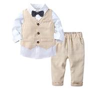 FEESHOW Jungen Anzüge Gentleman Smoking Fliege Hemd Anzugsweste Hose 3tlg Schicker Kleinkind Babykleidung für Taufe Geburtstagsparty Beige 92-98