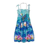 FEESHOW Kinder Mädchen Sommerkleid Boho Strandkleid Spaghettiträger Blumen Regenbogen Kleider mit/Ohne Halskette Casual Urlaub Outfit Blau_C 140-152