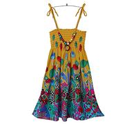 FEESHOW Kinder Mädchen Sommerkleid Boho Strandkleid Spaghettiträger Blumen Regenbogen Kleider mit/Ohne Halskette Casual Urlaub Outfit Gelb_C 122-128