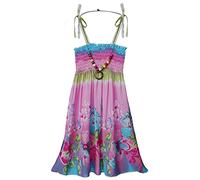 FEESHOW Kinder Mädchen Sommerkleid Boho Strandkleid Spaghettiträger Blumen Regenbogen Kleider mit/Ohne Halskette Casual Urlaub Outfit Bunt_C 140-152