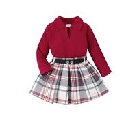 FEESHOW Kleinkind Baby Mädchen Kleidung Set Langarm Rippenstrick Top Plaid Faltenrock Und Gürtel 3er Mode Baby Outfits Für Herbst Winter Burgundy 98-104