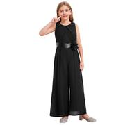 FEESHOW Mädchen Jumpsuit Festlich Overall ärmellos Mit Gürtel Elegant Plissee Weite Beine Hose für Hochzeit Abend Schwarz 158-164
