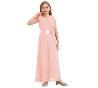 FEESHOW Mädchen Jumpsuit Festlich Overall ärmellos Mit Gürtel Elegant Plissee Weite Beine Hose für Hochzeit Abend Rosa 158-164