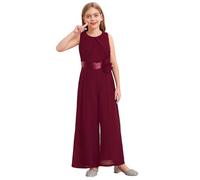FEESHOW Mädchen Jumpsuit Festlich Overall ärmellos Mit Gürtel Elegant Plissee Weite Beine Hose für Hochzeit Abend Burgundy 158-164