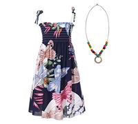 FEESHOW Mädchen Sommerkleid Spaghettiträger Boho Blumen Regenbogen Muster Kleid Halskette Set Kinder Strandkleid Casual Urlaub Outfit Schmetterling 128-134/8-9 Jahre