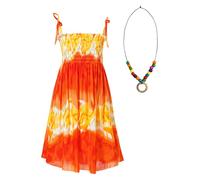 FEESHOW Mädchen Sommerkleid Spaghettiträger Boho Blumen Regenbogen Muster Kleid Halskette Set Kinder Strandkleid Casual Urlaub Outfit Orange 134-140/9-10 Jahre