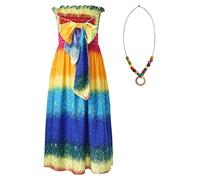 FEESHOW Mädchen Strandkleid Trägerloses Boho Blumen Regenbogen Mutser Tube Kleid Halskette Set Kinder Sommerkleid Casual Urlaub Outfit A 128-134/8-9 Jahre