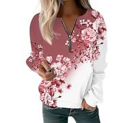 FeiBeauty Blazer Damen T Shirt Damen V Ausschnitt Longshirt Blumen Druck Langarm Sweatshirt Mit 1/2 Zip Blumenmuster Rundhals Langarmshirt Sportshirt Damen (Red, XL)