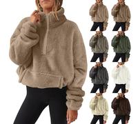 FeiBeauty Damen Mantel Kuschelpullover Warm Langarm Pullover Mit Tasche Elegant Stehkragen Sweatjacke Reißverschluss Teddy Fleece