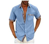 FeiBeauty Herren Tshirt Tshirt Weiß Herren Leinen Hemden Herren Sommer Hemd Herren Kurzarm Männer Gestreiftes Revers Hemden Mit Tasche Button Down LäSsige Kurzarmhemd Hemdkleid (Hellblau, XXL)