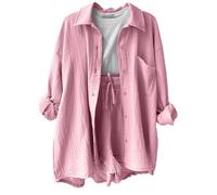 FeiBeauty Hosenanzug Damen Business Travel Outfit Fitnessbänder Set Beach Langarm Blusenshirt Und Shorts Leicht Atmungsaktiv Freizeitanzug Reise