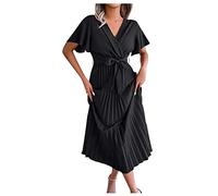 FeiBeauty Kleid Damen Elegant Kleider Lang Langes Kleid Chiffon V-Ausschnitt Plissiertes Einfarbig Kurzarm Kleid Mit GüRtel Maxikleid Hohe Taille Kleid Swing Kleid Slim A-Linie Etuikleid (Schwarz, M)