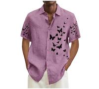 FeiBeauty Leinenhemd Sommer Top Basketball Shirt Hemd Herren FüR MäNner Herren Schmetterlingsdruck Revers Kurzarmhemd Mit Taste Kurzarm Freizeithemd Tanktops Herren (Rosa, M)