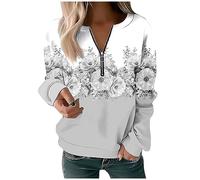 FeiBeauty Longbluse Damen Ragwear Damen Langarmshirts FüR Damen Blumen Druck Langarm Sweatshirt Mit 1/2 Zip Blumenmuster Rundhals Langarmshirt Spaghetti Top Damen (Gray, XXL)