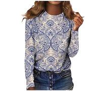 FeiBeauty Longsleeve Damen Damen Pullover Elegant Gym Shirt Vintage Druck Rundhals Shirts Elegant Herbst Winter Langarm T-Shirt Lange äRmel Muster Oberteile Damen Top (Blue, S)