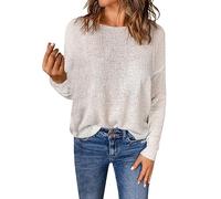 FeiBeauty Musselin Set Damen ThermounterwäSche Damen Damen T-Shirt Einfarbig Rundhals Langarm Basic Strickpullover Lange äRmel DüNn Herbst Stricke Sweatshirt Leinenbluse Damen Oversize (Weiß, S)