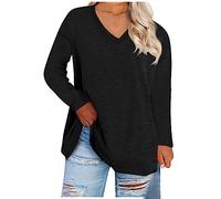 FeiBeauty Oberteile Damen Herbst Trachten Damen Tops FüR Damen Oversize Shirt Basic Einfarbig V Ausschnitt Langarm Tshirts Herbst Winter üBergrößE Langarmshirt Musselin Bluse (Schwarz, 3XL)