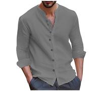 FeiBeauty Polo Shirts MäNner Businesshemden FüR Herren Backless Shirt Langarm Cotton Leinen Einfarbig Hemd Button Down Henley Strand Freizeithemd Mit Stehkragen Baumwolle Leinenhemden (Grau, L)