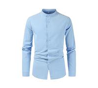 FeiBeauty Poloshirts Sommer Outfit Herren Coole Tshirts Herren Leinenhemd Herren Hemd Baumwolle Stehkragen Langarmhemd Einfarbig Mit Taste Langarm Businesshem T Shirt Schwarz (Light Blue, L)