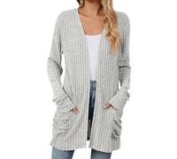 FeiBeauty Sommerjacke Damen Leicht Kimono Strand Einfarbig Langarm Cardigan Herbst Open Front Sweater Strickcardigan Mit Taschen Strickmantel Lang