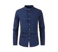 FeiBeauty Sport Shirt MäNner Herren Hemden Kurzarm Jeanshemd Leinenhemd Herren Hemd Baumwolle Stehkragen Langarmhemd Einfarbig Mit Taste Langarm Businesshem Herren Tshirt Schwarz (Navy, L)