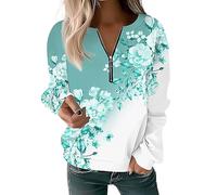 FeiBeauty Sport Shirts FüR Damen Longshirt Damen Langarm Leinen Shirt Damen Blumen Druck Langarm Sweatshirt Mit 1/2 Zip Blumenmuster Rundhals Langarmshirt Oversize Bluse Damen (Light Blue, XXL)