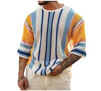 FeiBeauty Steampunk Herren Halloween Tshirt Herren Netzhemd Herren Gestreiftes Feinstrick Strick Rundhals Pullover Streifen 3/4 Arm Basic Strickpullover Brusttasche (Weiß, XL)