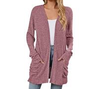 FeiBeauty Strickjacke Damen Lang Einfarbig Langarm Cardigan Herbst Open Front Sweater Strickcardigan Mit Taschen Shirtjacke