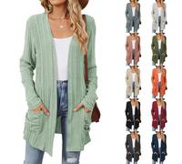 FeiBeauty Strickjacken Für Damen Cardigan Lang Einfarbig Langarm Herbst Open Front Sweater Strickcardigan Mit Taschen Leichte Sommer Strickjacke