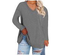 FeiBeauty Sweatshirt Damen HosenanzüGe FüR Damen Top Oversize Shirt Basic Einfarbig V Ausschnitt Langarm Tshirts Herbst Winter üBergrößE Langarmshirt Damen Tunika (Dunkelgrau, 4XL)