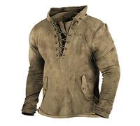 FeiBeauty T-Shirt Herren Weiß T-Shirts Fã¼R Herren Weihnachts T Shirt Langarm Vintage Kordelzug Hoodie Mit Tasche Einfarbig SchnüRung Oversized Hemd Men's Shirts (Khaki, L)