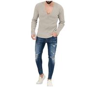 FeiBeauty T-Shirts FüR Herren Arbeits T-Shirt Herren Biker Tshirt Herren Gerippt Einfarbig Tiefer V Ausschnitt Strick Shirt Slim Fit Stretch Muscle Langarm T-Shirt T-Shirt (Beige, L)