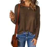 FeiBeauty Tops Damen Musselin Damen Longsleeve Damen Einfarbig Rundhals Langarm Basic Strickpullover Lange äRmel DüNn Herbst Stricke Sweatshirt Damen Hemd (Braun, L)