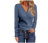 FeiBeauty Trachtenblusen Damen T Shirt Pullover Damen Herbst Gerippt Einfarbig Button Down V Ausschnitt Tshirts Mit Knopf Lange äRmel Oberteil Herbst Winter Musselin Bluse (Blau, XXL)