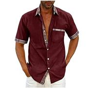 FeiBeauty Trachtenhemd Herren Muskelshirt Hawaihemd Mann Hemd Herren Kurzarm Männer Gestreiftes Revers Hemden Mit Tasche Button Down LäSsige Kurzarmhemd Kariertes Hemd Männer (Wein, 3XL)
