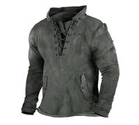 FeiBeauty WeißE Tshirts Herren Longshirt Herren Herren Tshirt 3XL Langarm Vintage Kordelzug Hoodie Mit Tasche Einfarbig SchnüRung Oversized Hemd Mittelalter Hemd Herren (Dunkelgrau, 3XL)