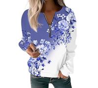 FeiBeauty Winterpullover Damen Blusen Damen WeißE Bluse Blumen Druck Langarm Sweatshirt Mit 1/2 Zip Blumenmuster Rundhals Langarmshirt Tshirt Damen Weiss (Blue, 3XL)