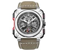 FEICE Eckige Herren Armbanduhr Mechanische Automatik Herrenuhr Saphirglas Skelett Zifferblatt Braunes Lederarmband Wasserdicht bis 10 ATM - FM507