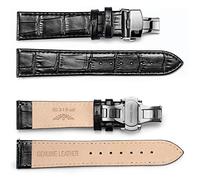 FEICE Lederarmbänder für Automatikuhr Faltschließe Uhrenarmband Klassisches Prägung Ersatz Armbänder (20mm, Schwarz)