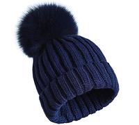 feifanshop Damen Echtfell Fuchspelz Fell Pelz Bommel Strick Mütze Winter-Mütze Bommelmütze (Navy blau)