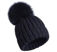 feifanshop Damen Echtfell Fuchspelz Fell Pelz Bommel Strick Mütze Winter-Mütze Bommelmütze (schwarz)