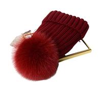 feifanshop Damen Echtfell Fuchspelz Fell Pelz Bommel Strick Mütze Winter-Mütze Bommelmütze (Weinrot)