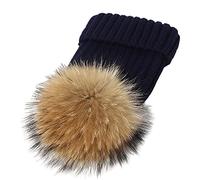 feifanshop Damen Echtfell Waschbär Fell Pelz Bommel Strick Mütze Winter-Mütze Bommelmütze