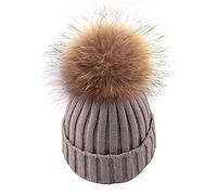 feifanshop Damen Echtfell Waschbär Fell Pelz Bommel Strick Mütze Winter-Mütze Bommelmütze